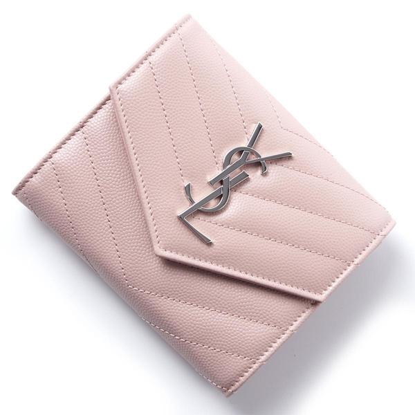 サンローラン 財布コピー ステッチ×３つ折り財布×パールピンク 折りたたみ財布 カサンドラロゴが優美な三つ折り財布です